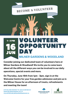 Volunteer Opportunity Day June 16, 2022 1-3pm at Milner Gardens & Woodland